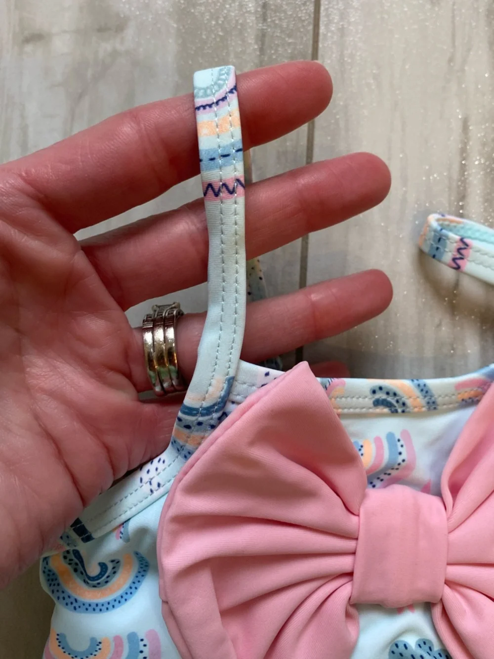NWT RuffleButts Pastel Chase the Rainbow Bow Top Skirted Bikini girls 18-24M